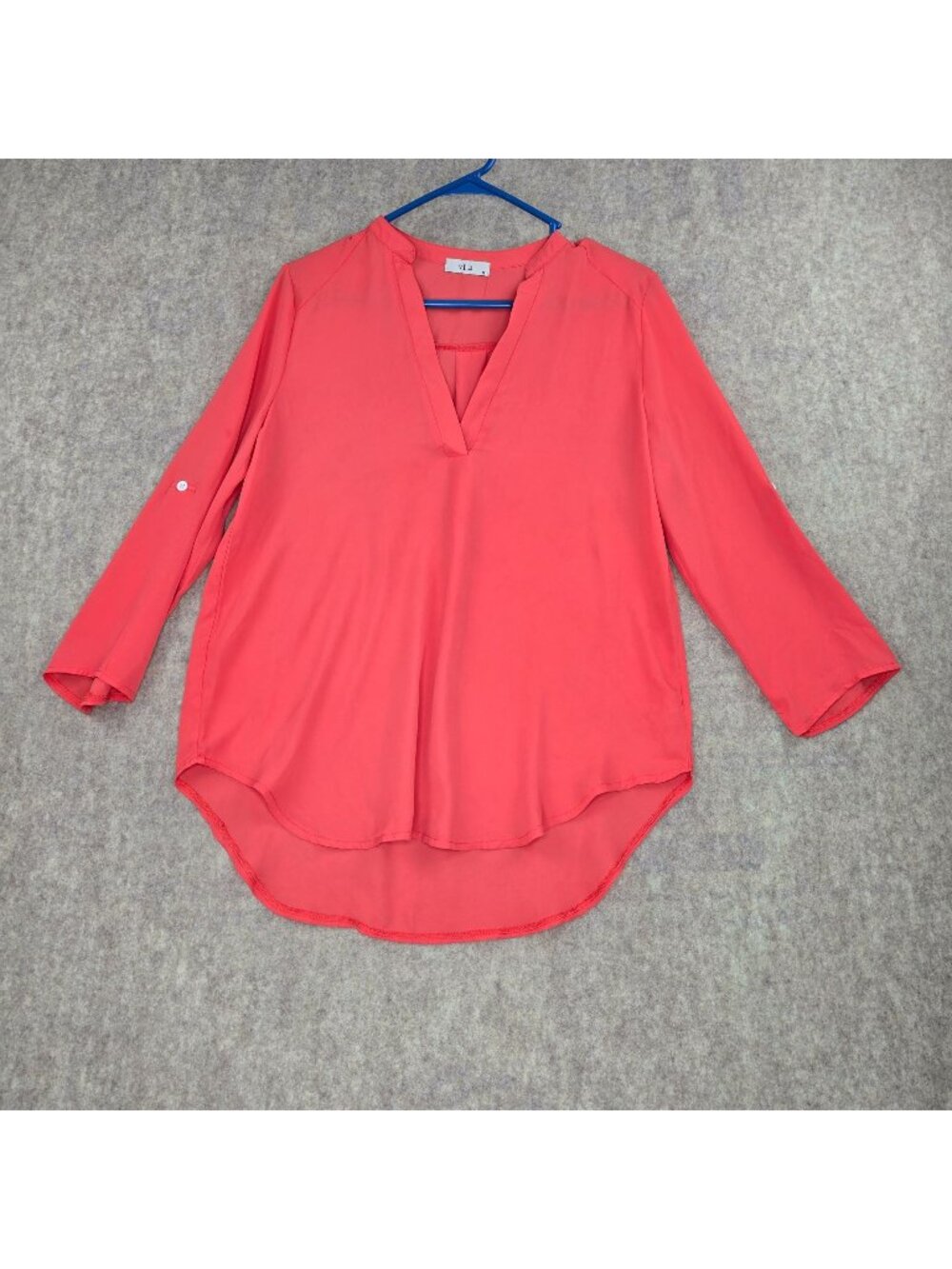 VLD Womens Coral Long Sleeve V-Neck High-Low Hem Blouse Size S Polyester